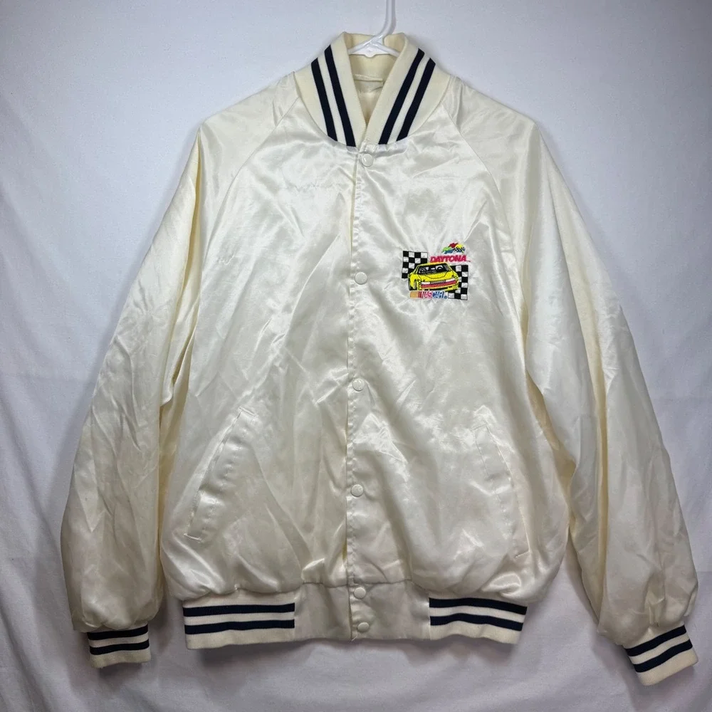 Vintage Daytona Nascar Racing Jacket Cream Satin Bomber Menswear Sz M/L‎